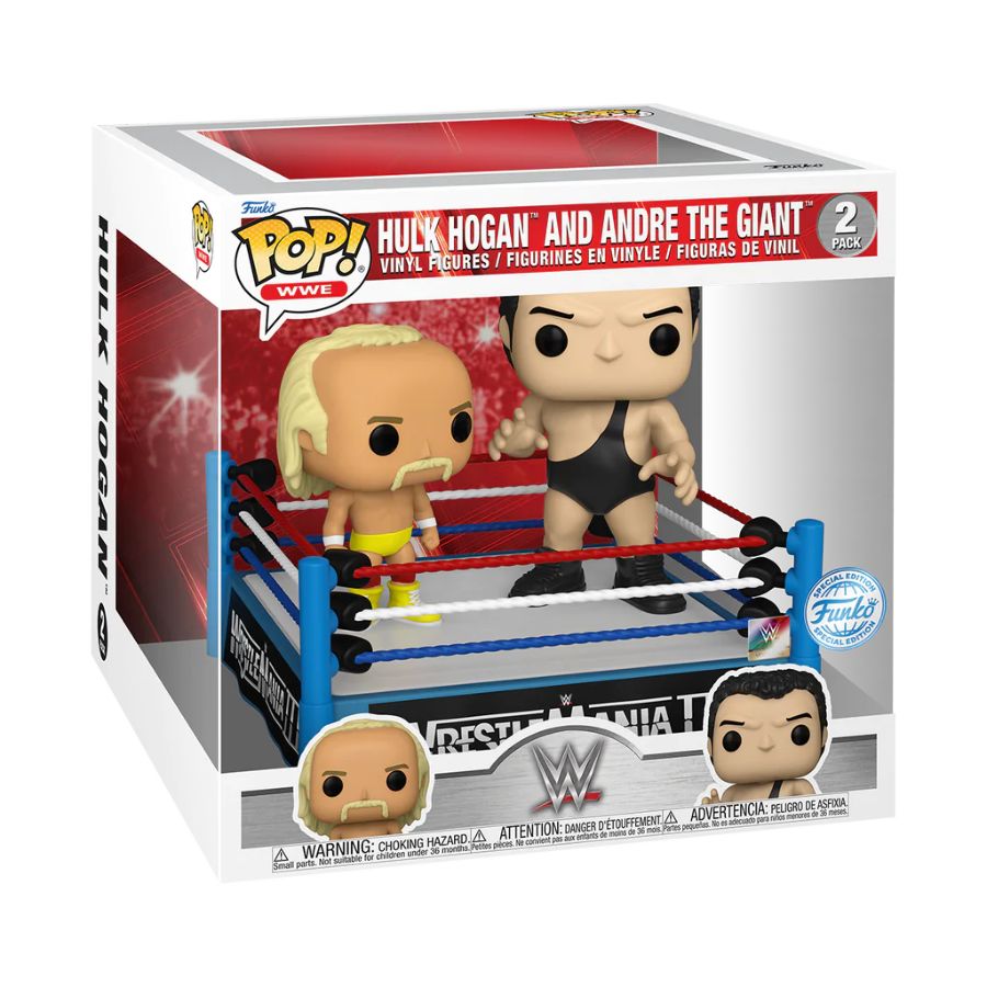 A Funko Pop! vinyl figure set featuring Hulk Hogan and Andre the Giant in a wrestling ring.