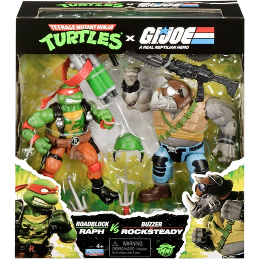 Teenage Mutant Ninja Turtles x G.I. Joe - Raphael as Roadblock vs. Rocksteady as Buzzer 4.5" Scale Action Figure 2-Pack