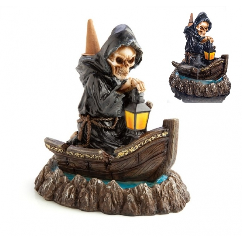 GRIM REAPER ON WOODEN BOAT BACKFLOW INCENSE BURNER